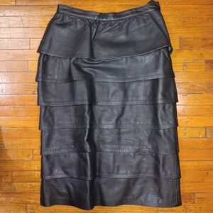 Elegant Black Tiered Leather Midi Skirt